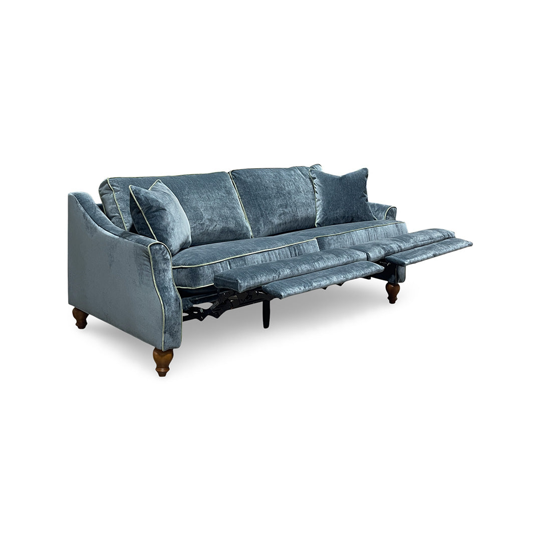 Adeline Power Reclining Sofa from Best Home Furnishings in Blue Velvet with Accent Pillows, Hardwood Frame, Made in USA - Reclined position