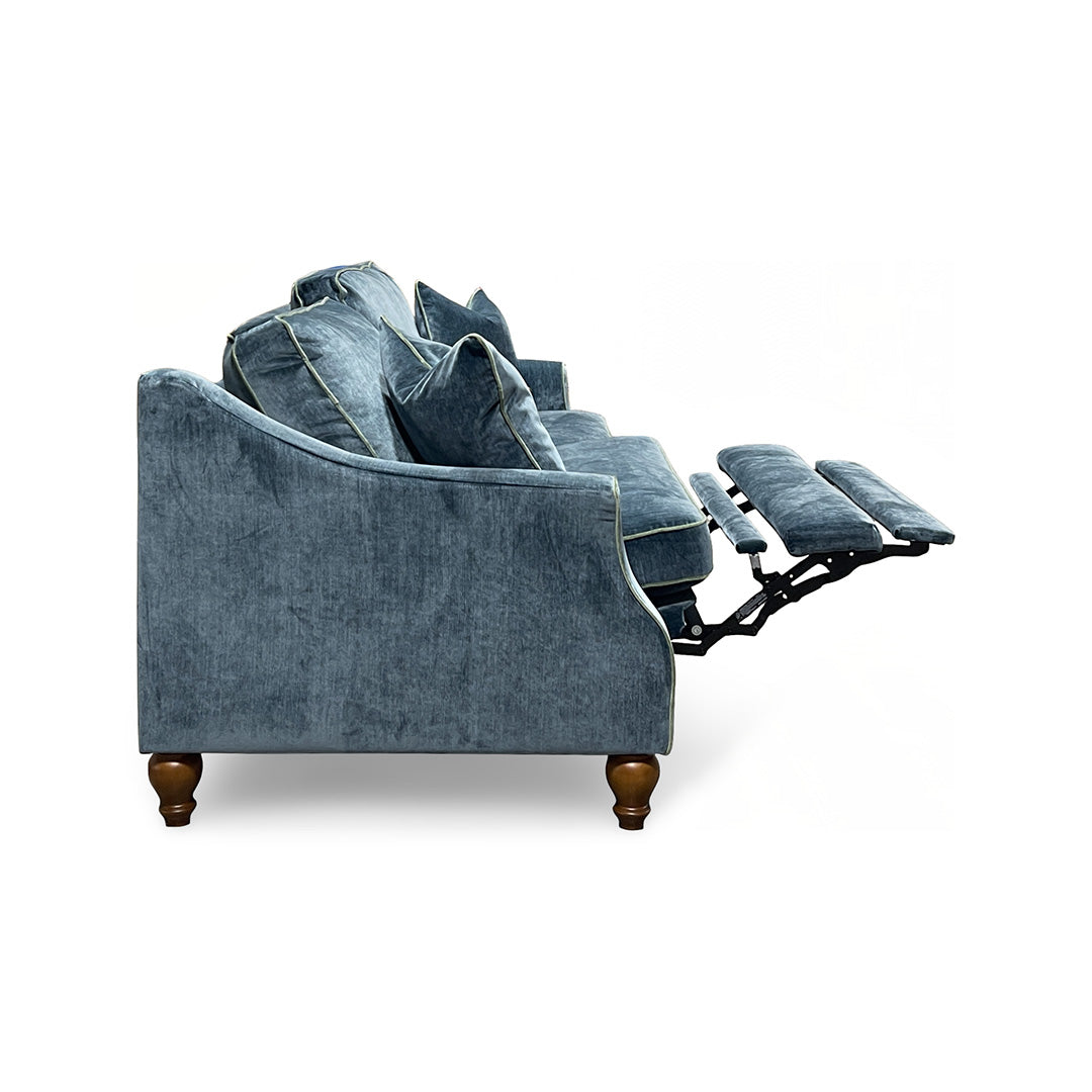 Adeline Power Reclining Sofa from Best Home Furnishings in Blue Velvet, Made in USA - Reclined position