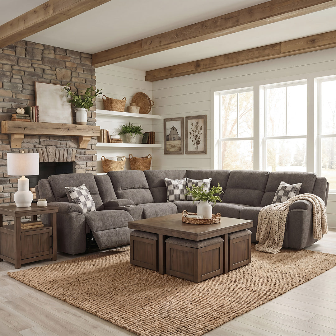 Autumn Power Reclining Sectional with Left Console (3-Piece) from Home Stretch in Brown Polyester, Made in USA - Reclined position