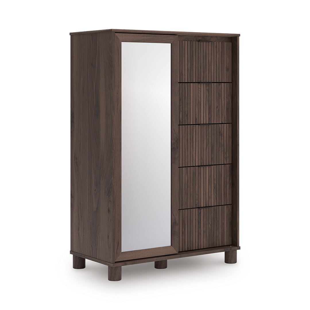 Wooden wardrobe with a mirror on a white background