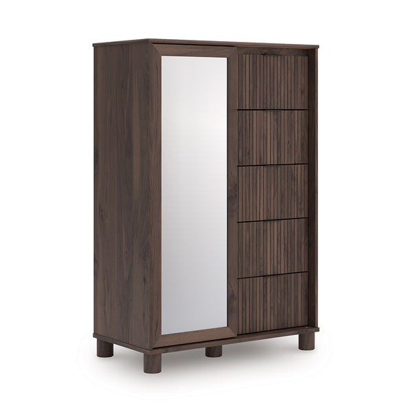 Wooden wardrobe with a mirror on a white background