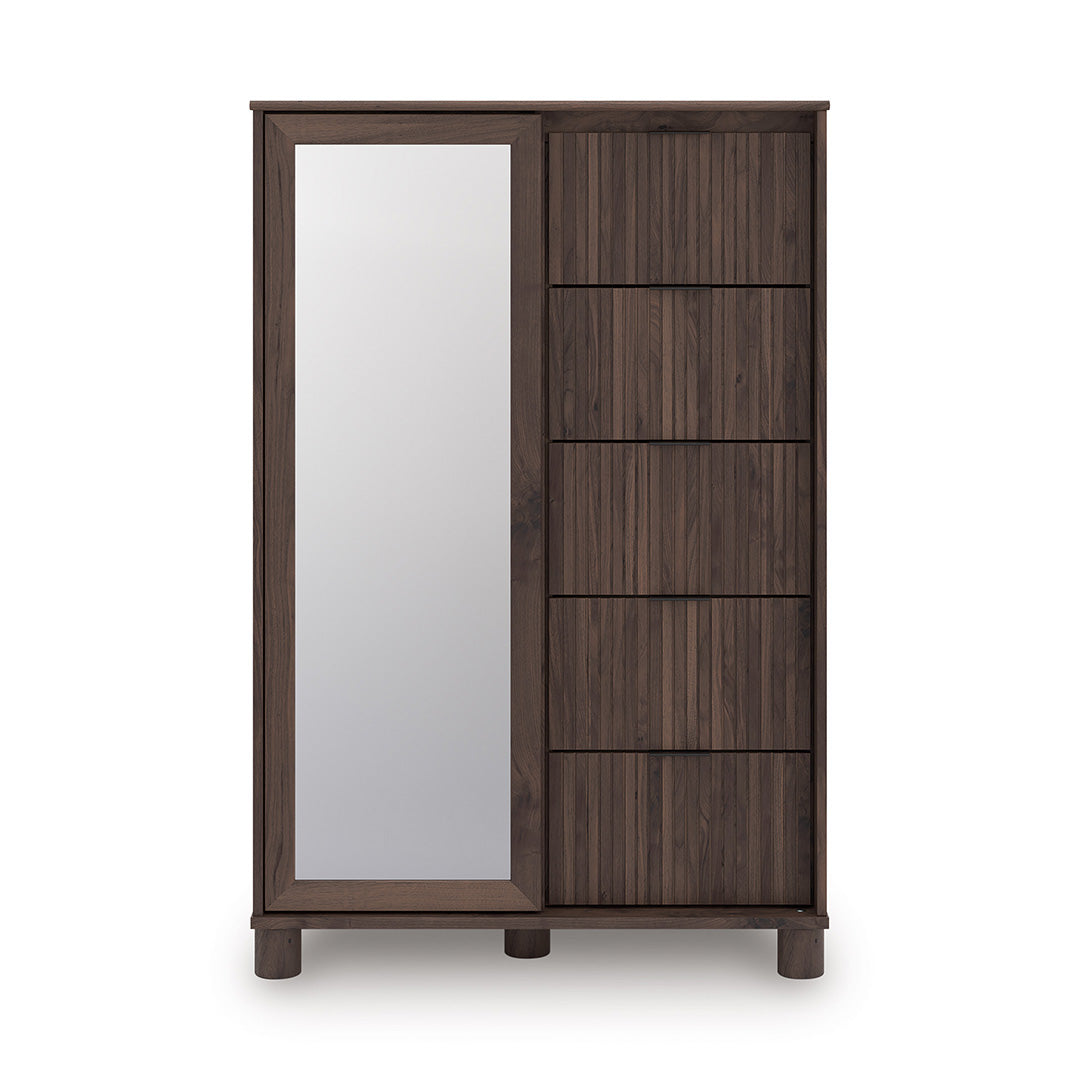 Wooden wardrobe with mirror on a white background
