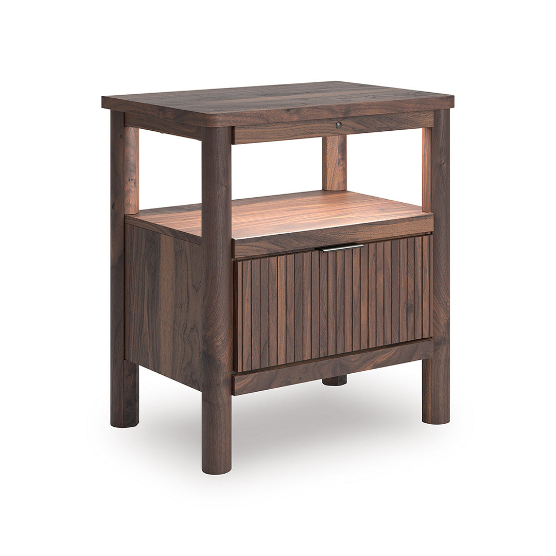 Wooden side table with a shelf and storage compartment on a white background