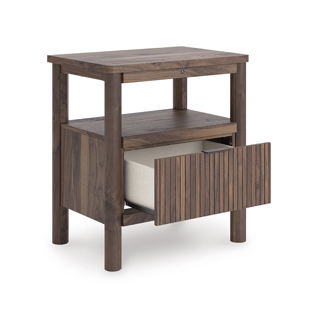 Wooden side table with a drawer on a white background