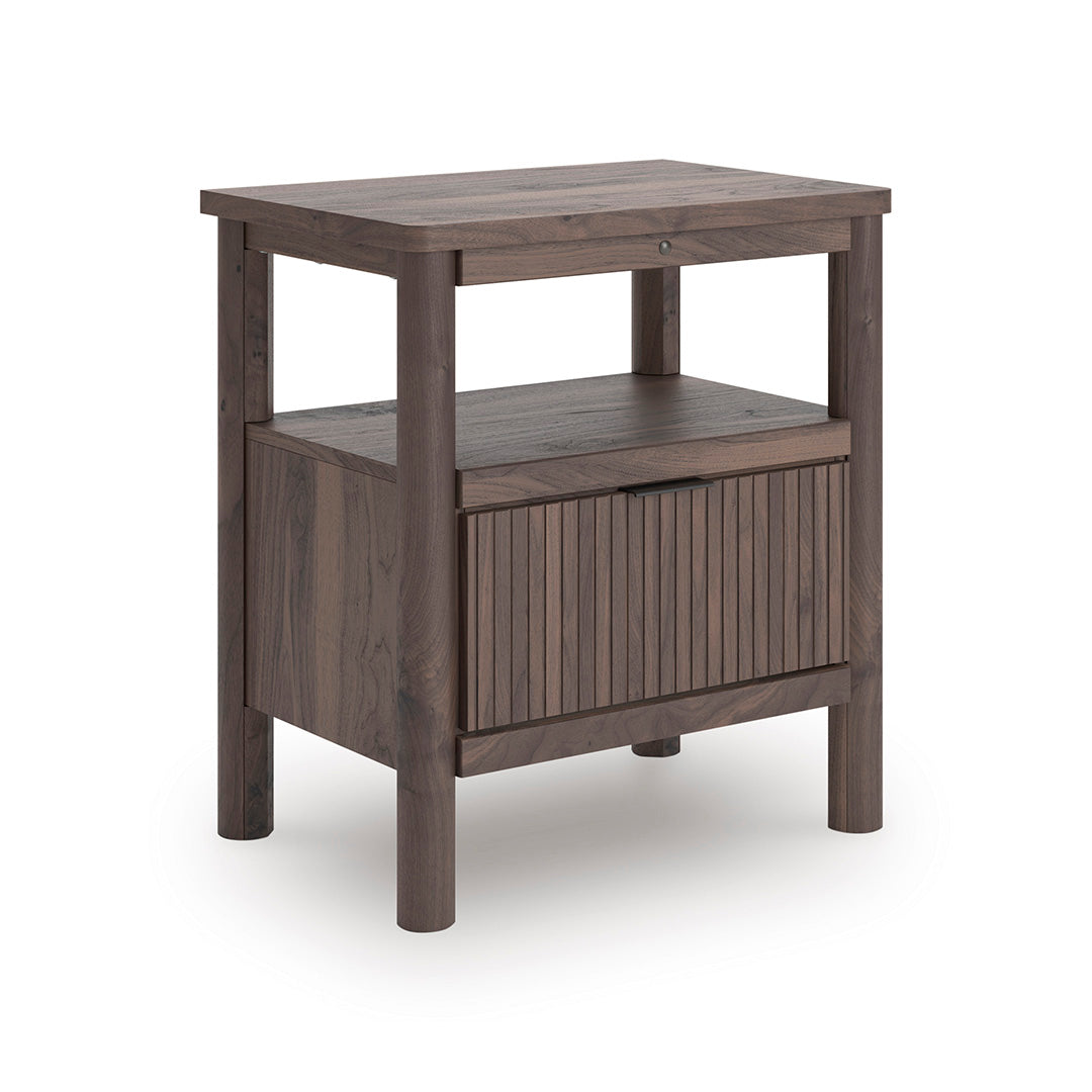 Wooden side table with a shelf and storage compartment on a white background