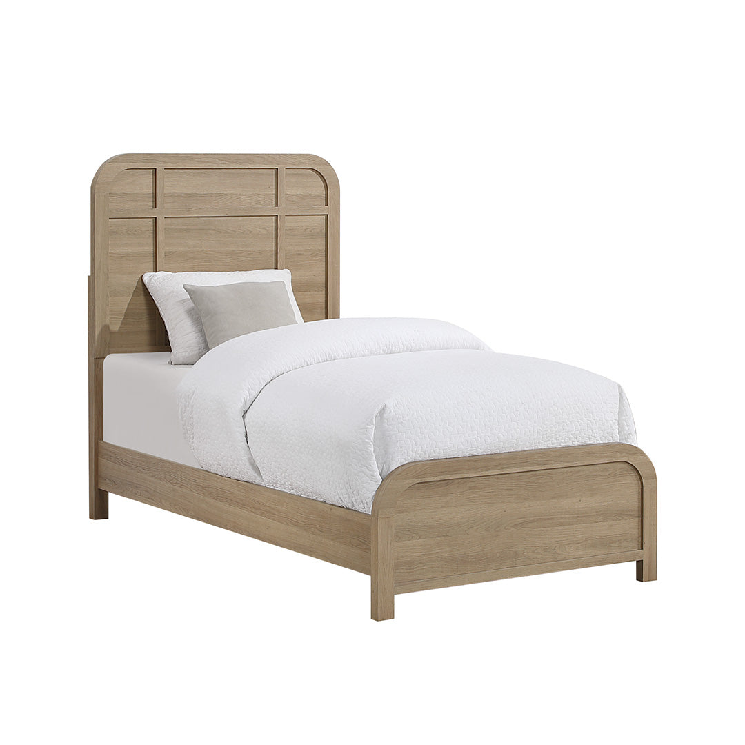 panel bed with beige oak tone finish