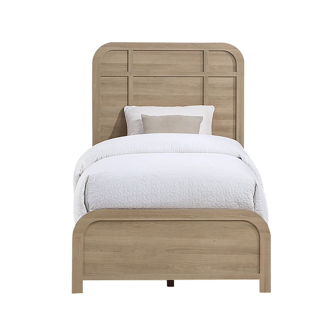 panel bed with beige oak tone finish