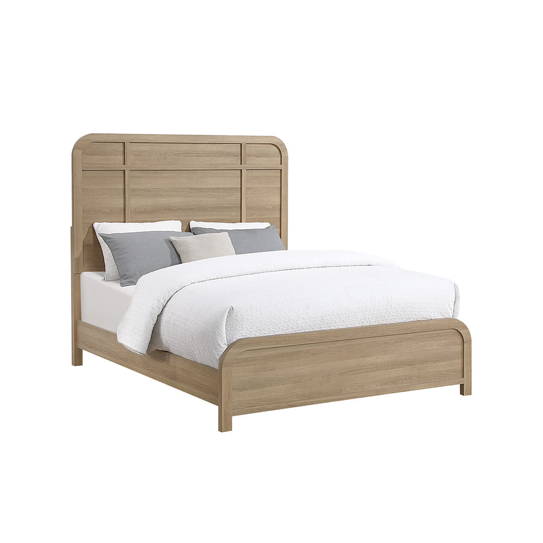 panel bed with beige oak tone finish