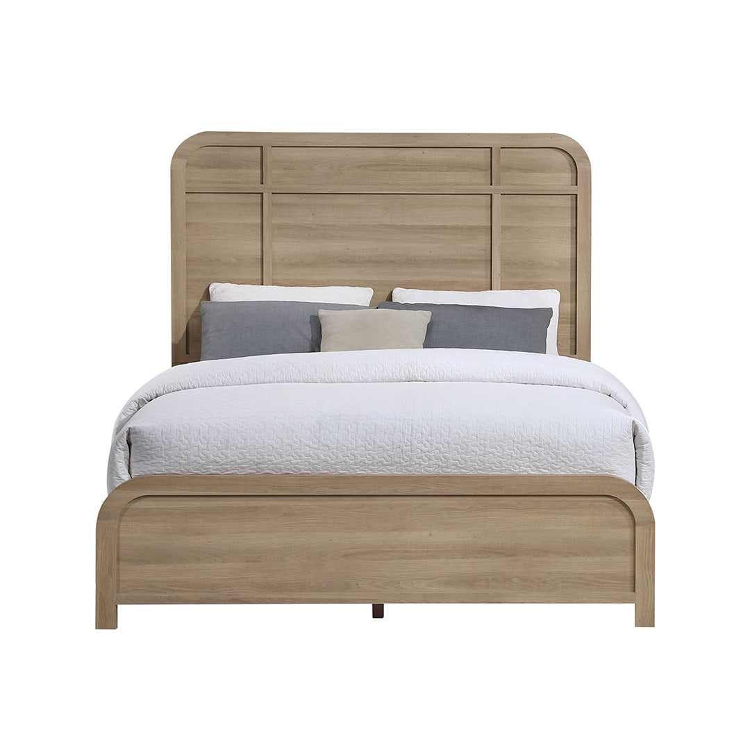 panel bed with beige oak tone finish