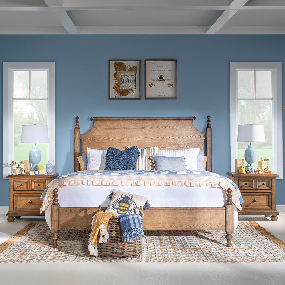 Vintage Market Poster Bed in brown with turned posts in a bedroom setting