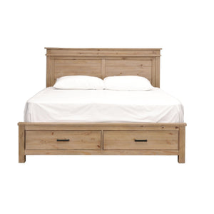 Glacier Point Storage Bed. Includes Panel Headboard, Storage Footboard, and Rails. Two smooth gliding drawers built into footboard with oxidized iron handles. Frame is Solid Reclaimed Pine in Golden Java Finish.