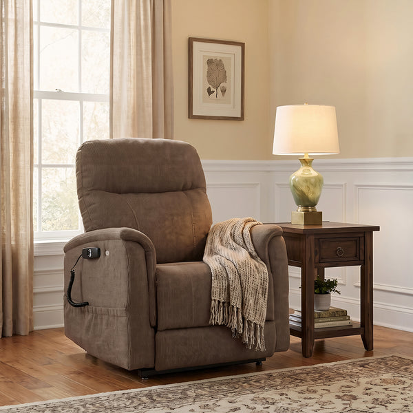 Benton Power Lift Recliner from Mega Motion in Brown Polyester - Reclined position