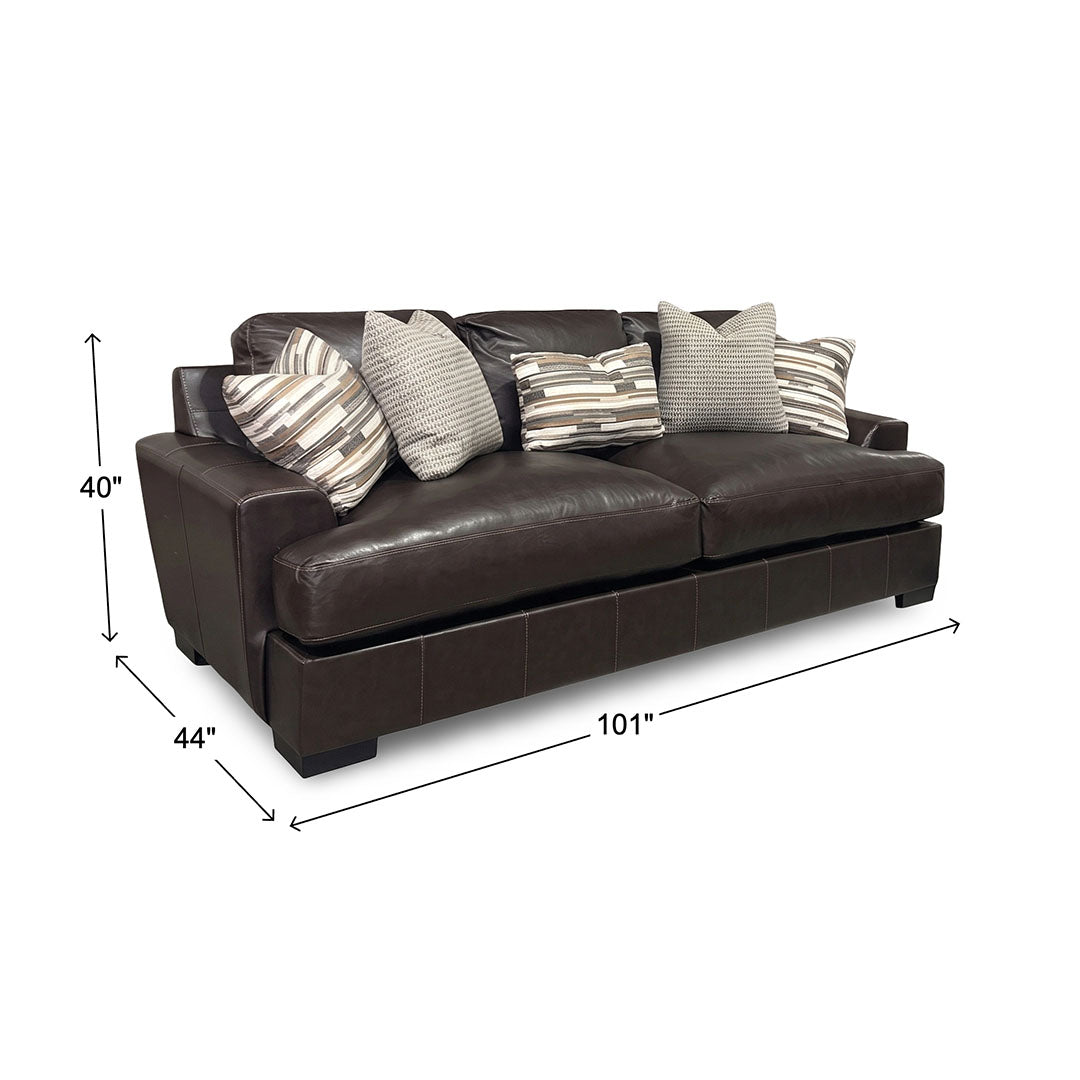 Bodie Leather Sofa from Michael Nicholas Designs in Brown with Accent Pillows, Hardwood Frame, Made in USA - Leather detail