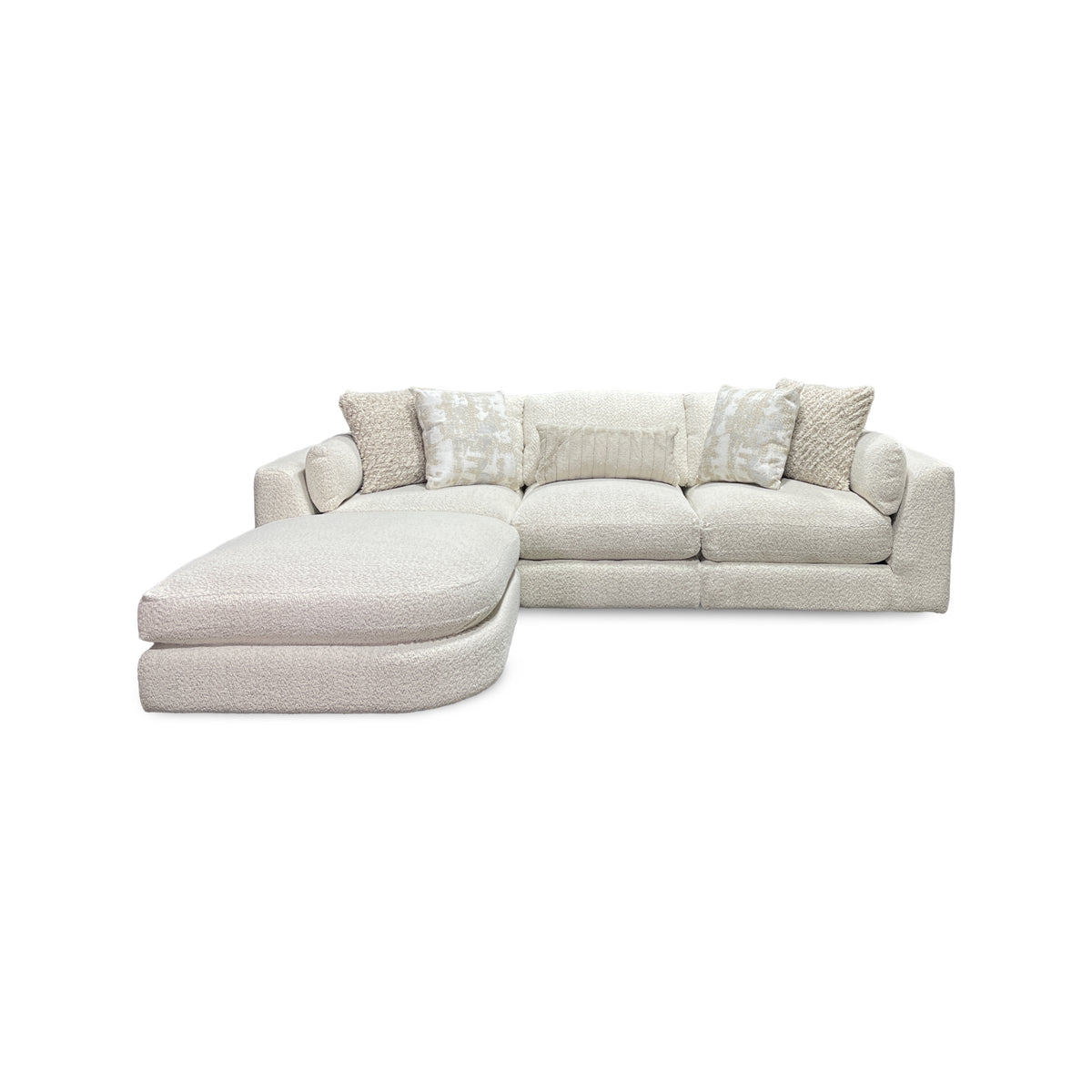Bombay Sectional (4-Piece) from Franklin Corporation in Beige Bouclé with Accent Pillows, Reversible Cushions, Made in USA - Detail view
