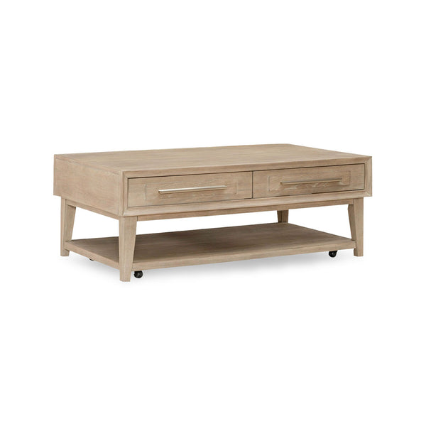Brentwood cocktail table in sandstone finish with casters and white oak veneers, angled view, from Liberty Furniture