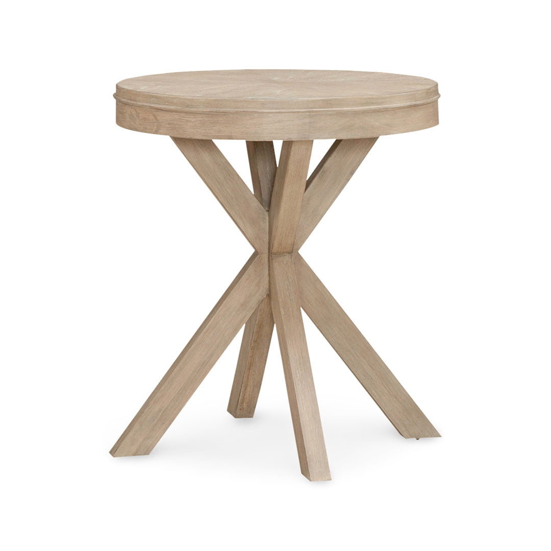 Brentwood round end table in sandstone finish with white oak veneers and pedestal base, angled view, from Liberty Furniture