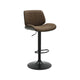 A modern swivel bar stool with a brown ribbed upholstered seat and backrest, supported by a black metal pedestal base with a footrest ring, shown on a plain white background.