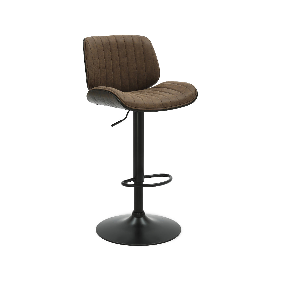A modern swivel bar stool with a brown ribbed upholstered seat and backrest, supported by a black metal pedestal base with a footrest ring, shown on a plain white background.