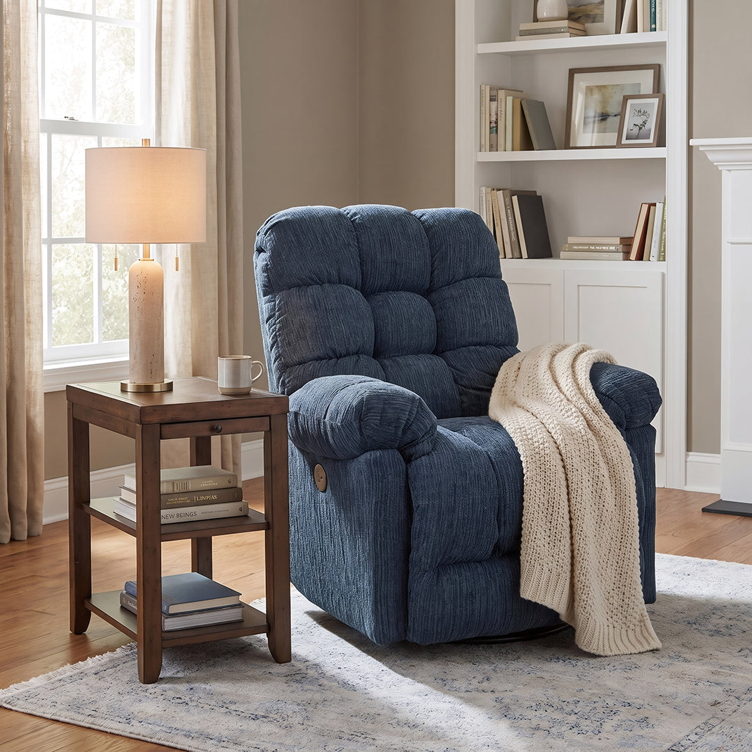 Brosmer Power Swivel Glider Recliner from Best Home Furnishings in Blue Performance Fabric, Made in USA - Alternate angle