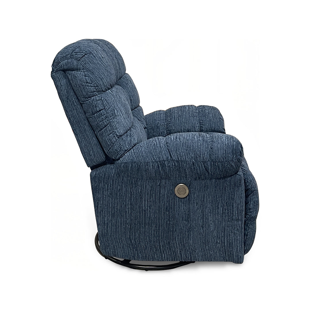 Brosmer Power Swivel Glider Recliner from Best Home Furnishings in Blue Performance Fabric, Made in USA - Reclined position