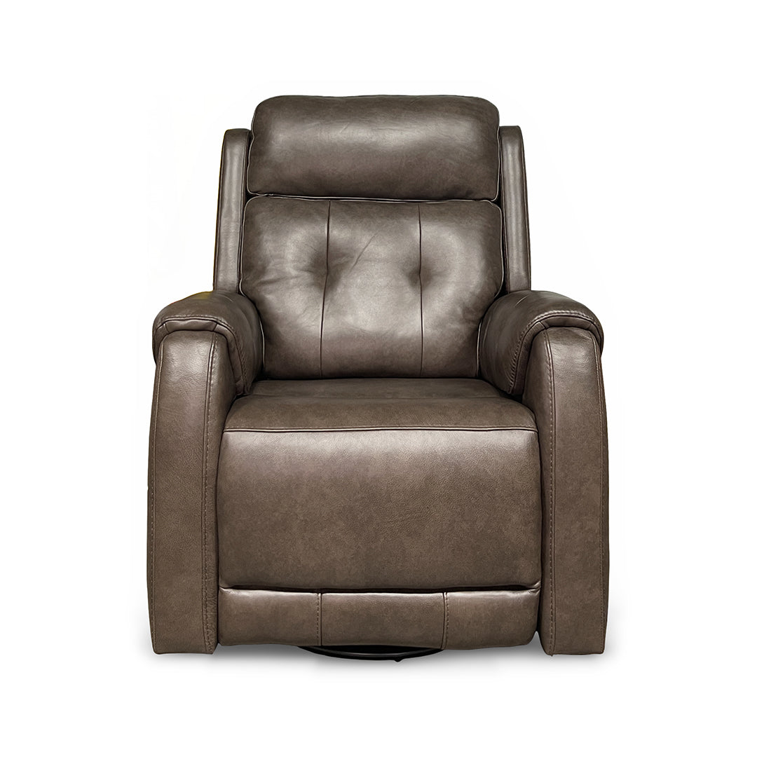 Dark brown power swivel glider leather recliner.