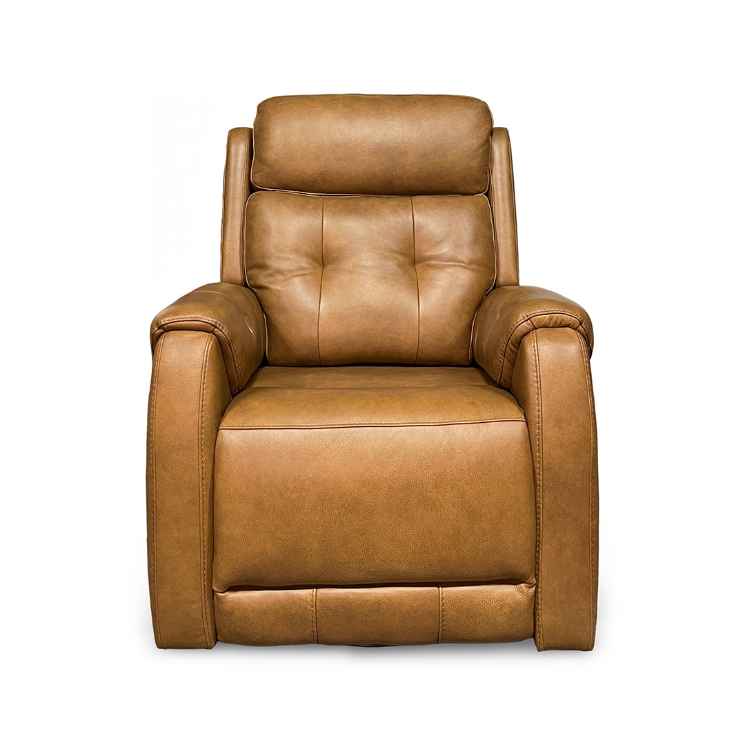 Light brown power swivel glider leather recliner.