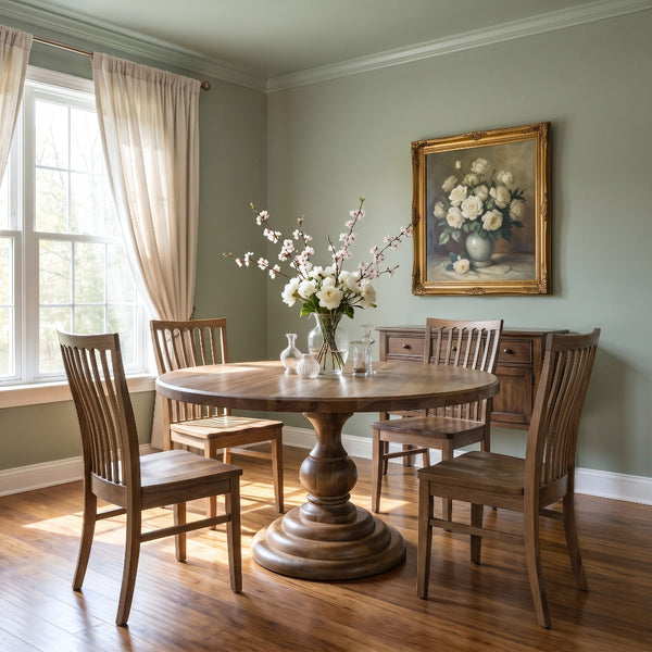 Corbella Round Dining Table (Seats 4-6) from Trailway in Beige Solid Wood, Made in USA - Alternate angle