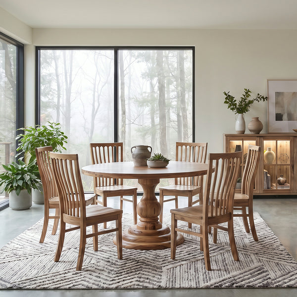 Corbella Round Dining Table (Seats 4-6) from Trailway in Beige Solid Wood, Made in USA - Room setting
