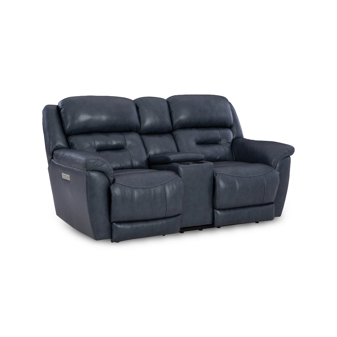 Cyan Leather Zero-G Reclining Set from Home Stretch in Blue with Cup Holders, Storage, Made in USA - Leather detail