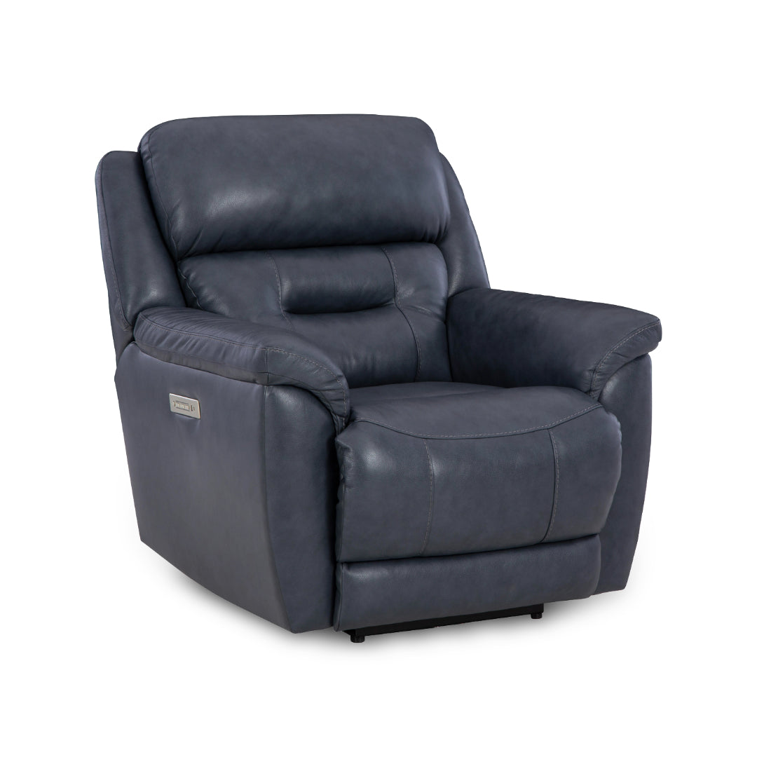 Cyan Leather Zero-G Reclining Set from Home Stretch in Blue, Made in USA - Reclined position