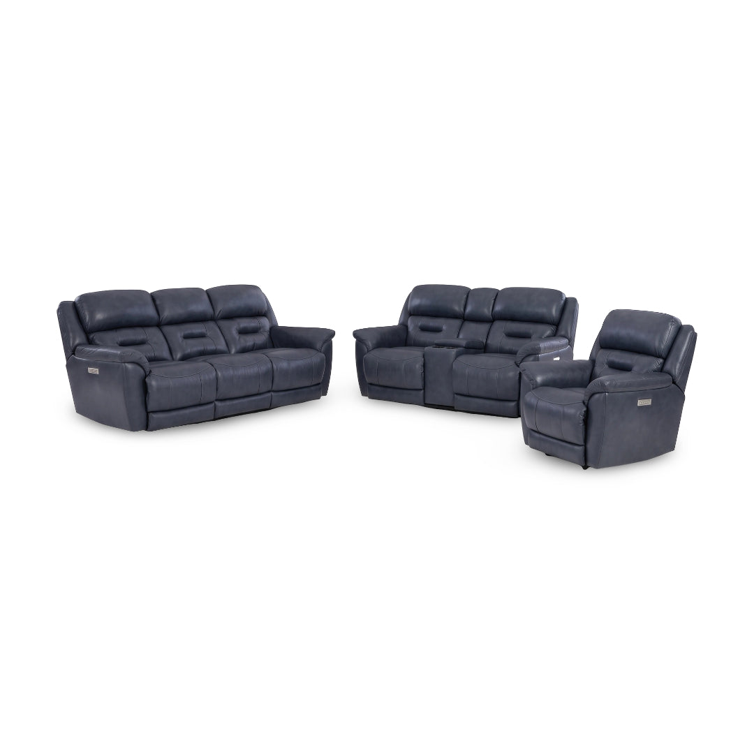 Cyan Leather Zero-G Reclining Set from Home Stretch in Blue with Cup Holders, Storage, Made in USA - Reclined position