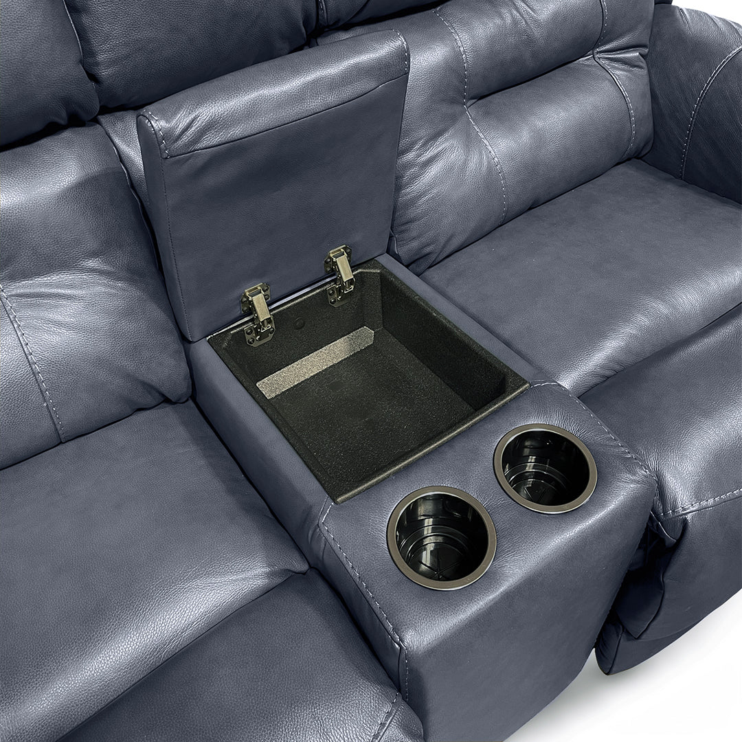 Cyan Leather Zero-G Reclining Set from Home Stretch in Blue with Cup Holders, Storage, Made in USA - Reclined position