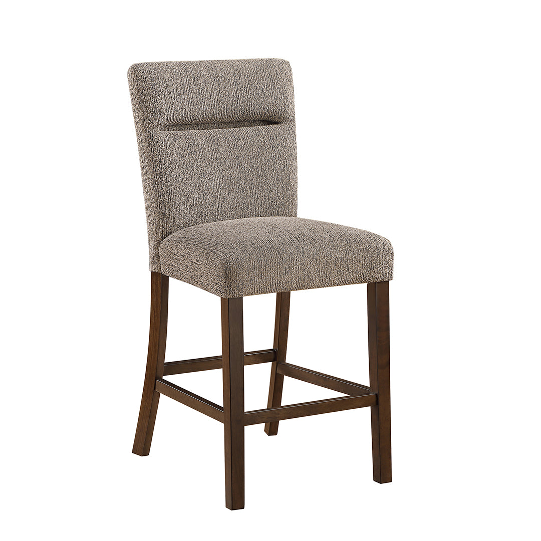 Bar stool with brown upholstered seat and backrest.