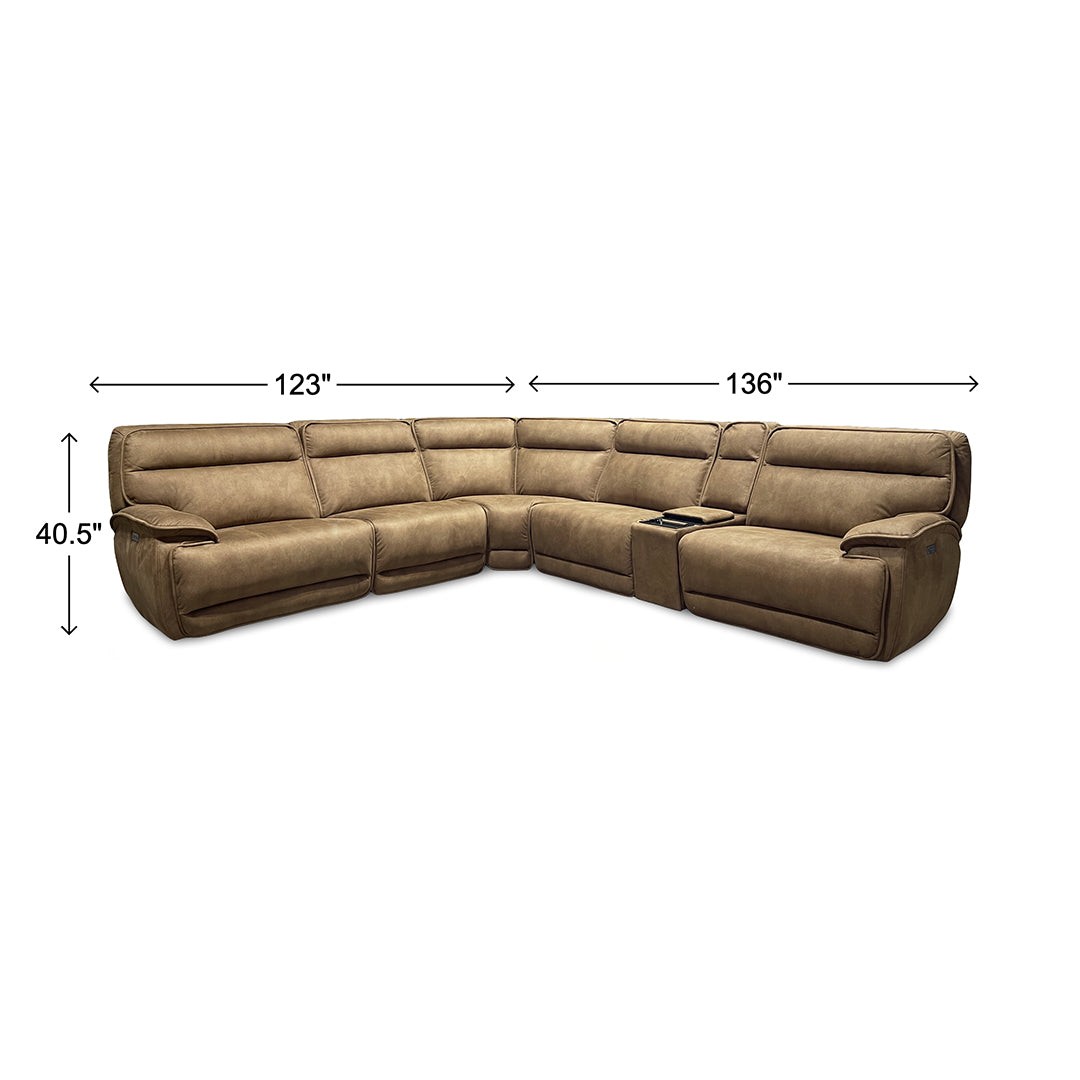 Daniel Zero-G Power Reclining Sectional (6-Piece) from Cheers in Brown Polyester with Cup Holders, Power Headrest - Reclined position