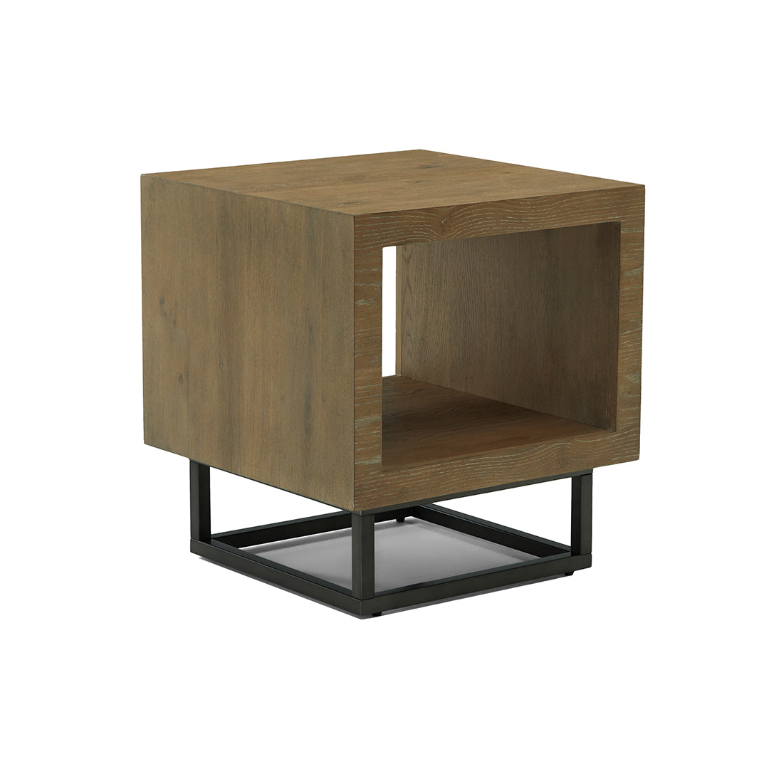 Joybird wooden side table with black metal frame