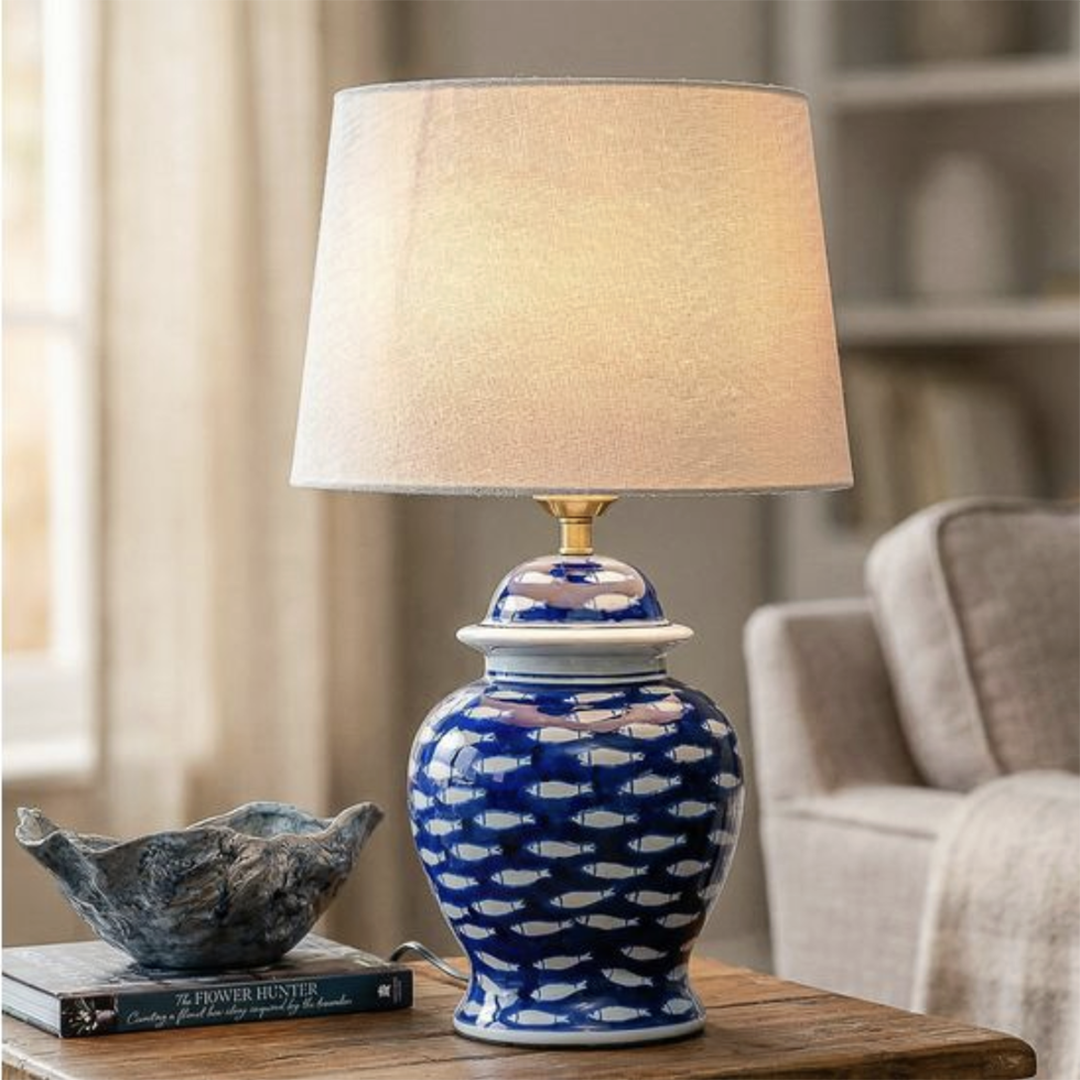 Dark Blue Fish Pattern Table Lamp from P D Home & Garden in Ceramic - Blue finish