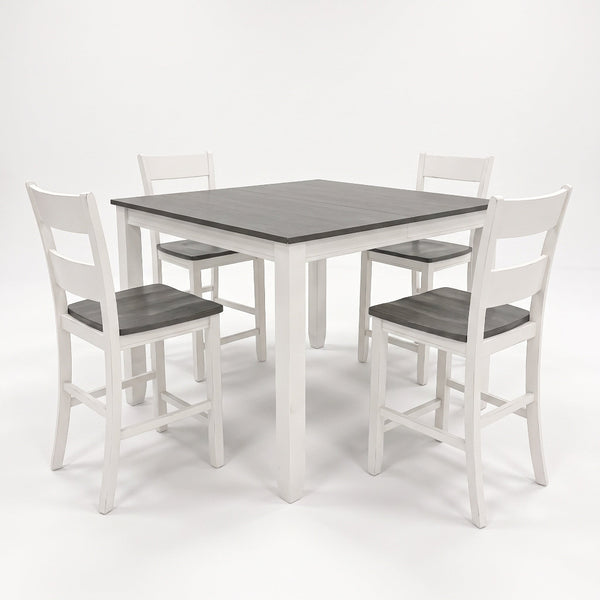 A 5-piece counter height dining set featuring a square table with a dark gray wood-grain top and white legs, accompanied by four matching white chairs with dark gray seats.