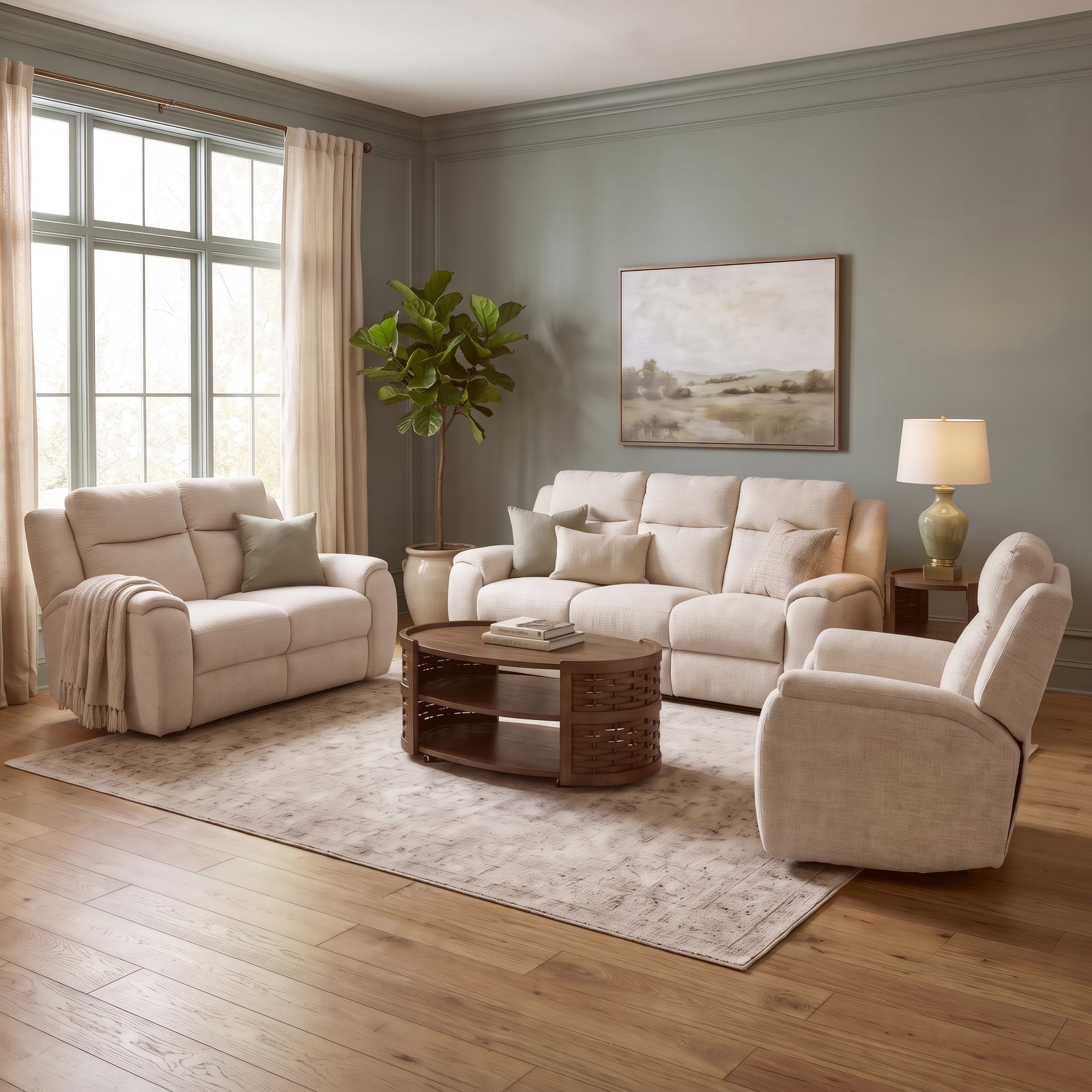 Drake Zero-G Swivel Glider Recliner with Heat &amp; Massage from Southern Motion in Beige Polyester, Made in USA - Room setting