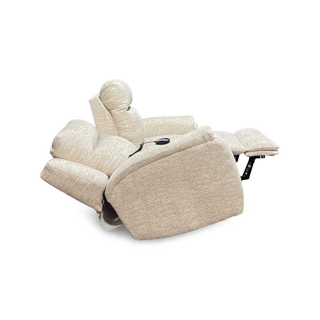 Drake Zero-G Reclining Loveseat with Heat & Massage from Southern Motion in Beige Polyester, Made in USA - Reclined position