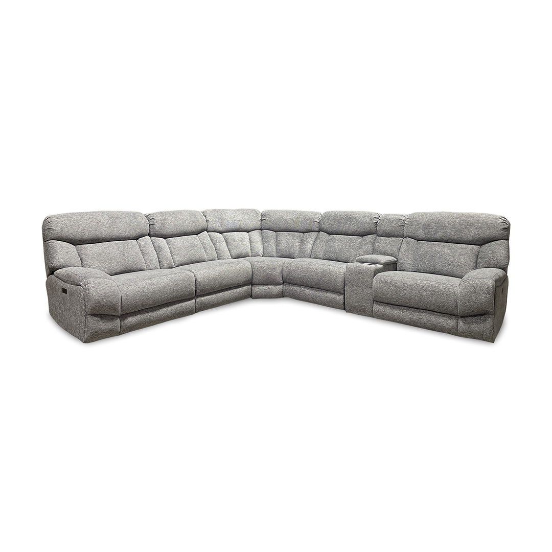 Duncan Power Reclining Sectional (6-Piece) from Cheers in Gray Performance Fabric with Cup Holders, Storage - Reclined position