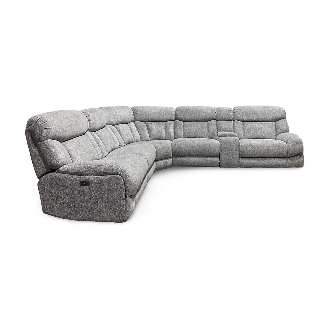 Duncan Power Reclining Sectional (6-Piece) from Cheers in Gray Performance Fabric with Cup Holders, Storage - Reclined position