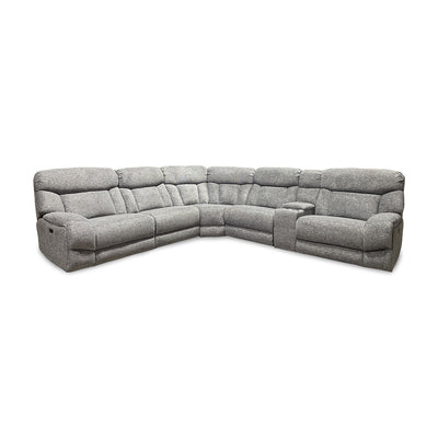 Duncan power reclining sectional in gray performance fabric with console and cup holders, angled view, from Cheers