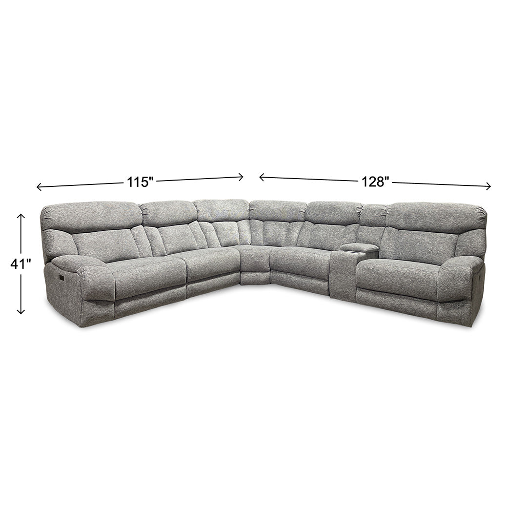 Duncan Power Reclining Sectional (6-Piece) from Cheers in Gray Performance Fabric with Cup Holders, Storage - Reclined position