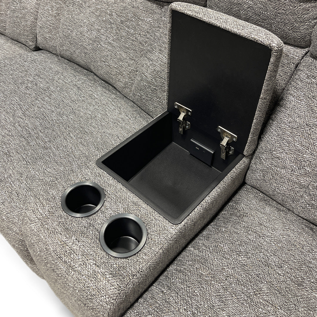 Duncan Power Reclining Sectional (6-Piece) from Cheers in Gray Performance Fabric with Cup Holders, Storage - Reclined position