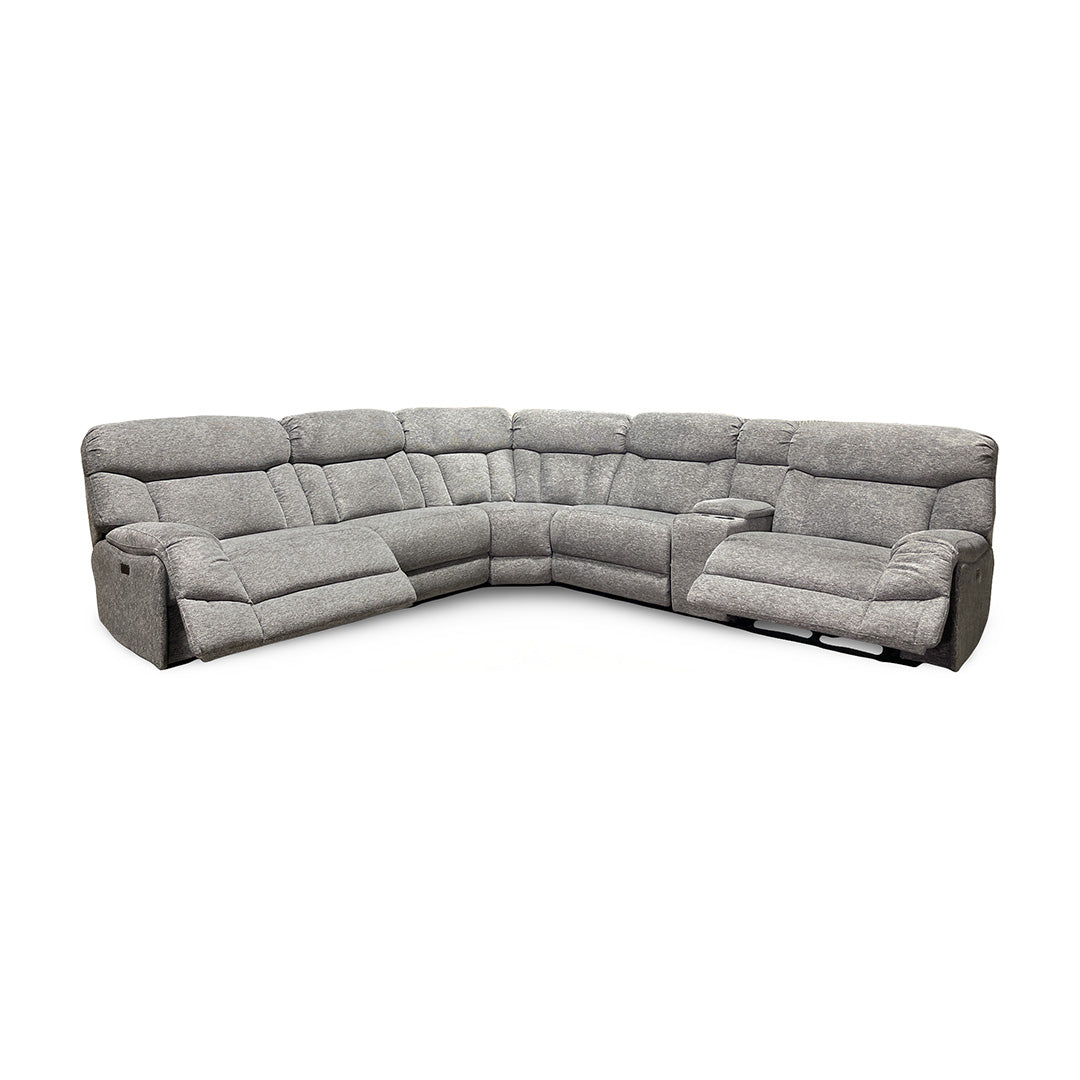 Duncan Power Reclining Sectional (6-Piece) from Cheers in Gray Performance Fabric with Cup Holders, Storage - Reclined position