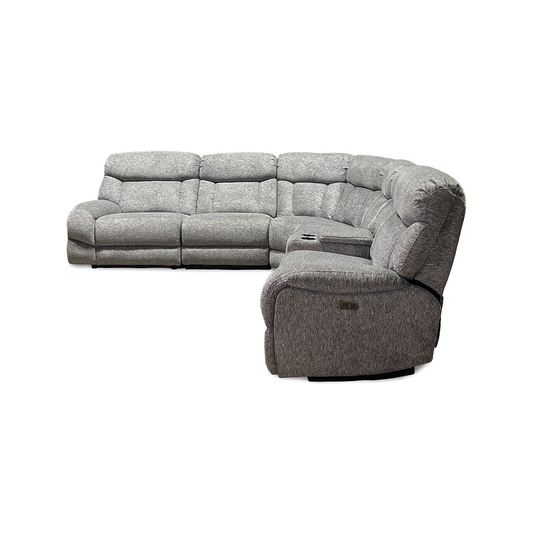 Duncan Power Reclining Sectional (6-Piece) from Cheers in Gray Performance Fabric with Cup Holders, Storage - Reclined position