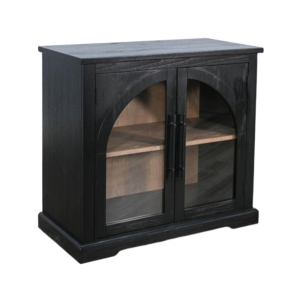 A small black wooden cabinet with two glass-front doors featuring arched tops and black metal handles, shown on a plain white background.