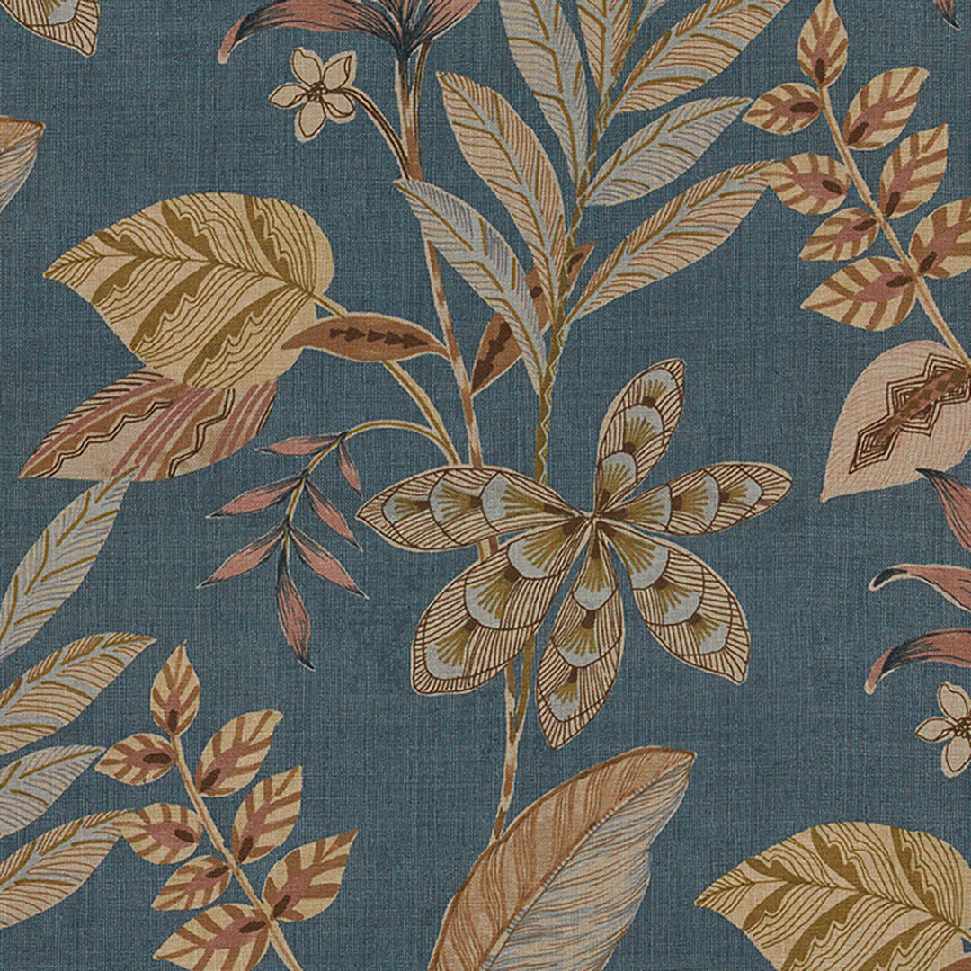 Floral pattern with leaves and flowers on a blue background