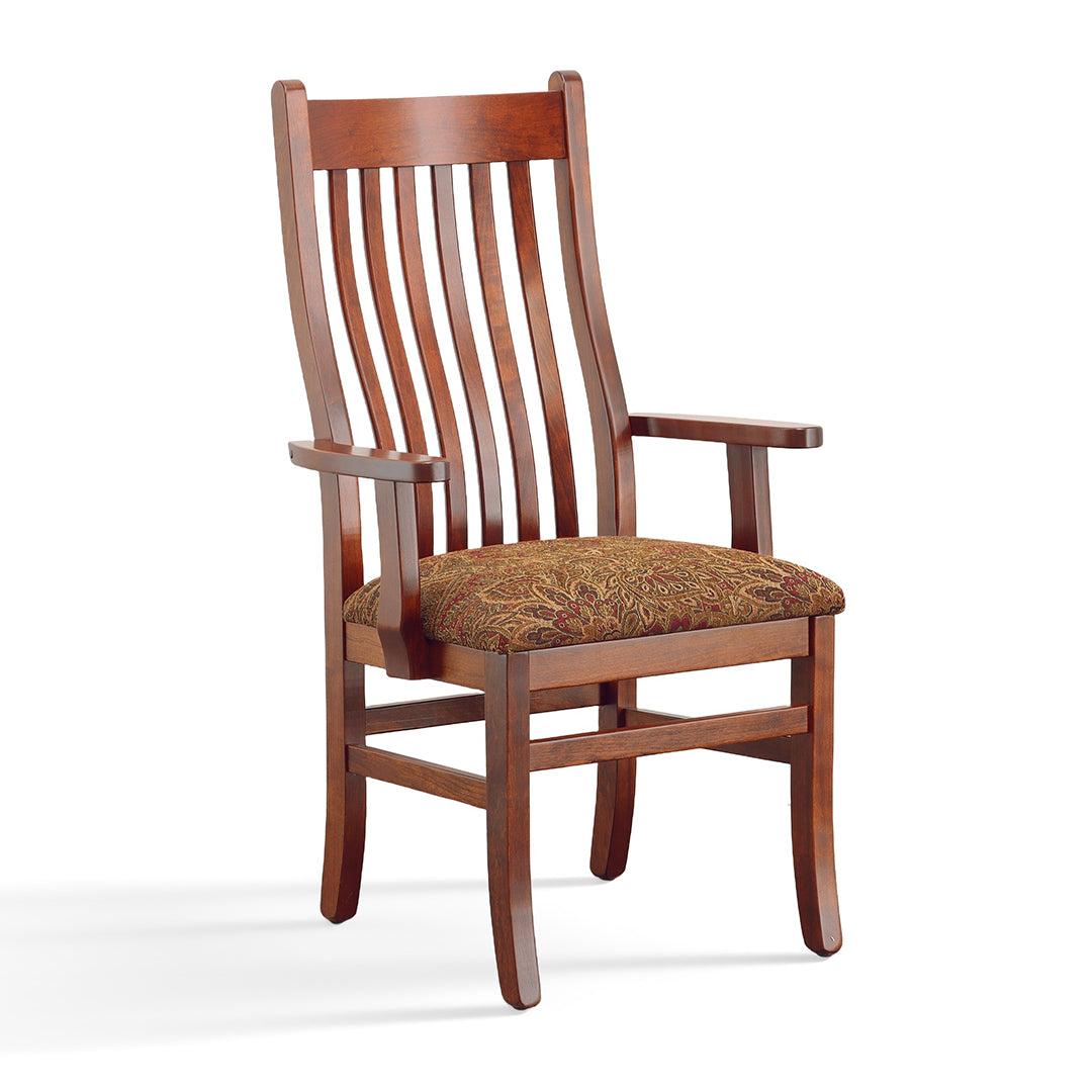 Fairfield Trail Upholstered Arm Chair. Slatted Back with lumbar support. Arm rests frame the upholstered seat. Choose from 9 different fabric options if you want to swap out upholstery. Made from solid hardwood by Amish craftsman in Ohio. 