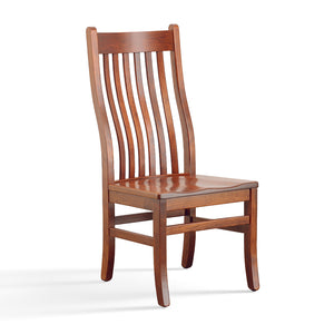 Fairfield Trail Side Chair. Made by expert Amish craftsman in Ohio out of local solid wood. Slatted back with lumbar support and solid wood seat is designed for comfort. 